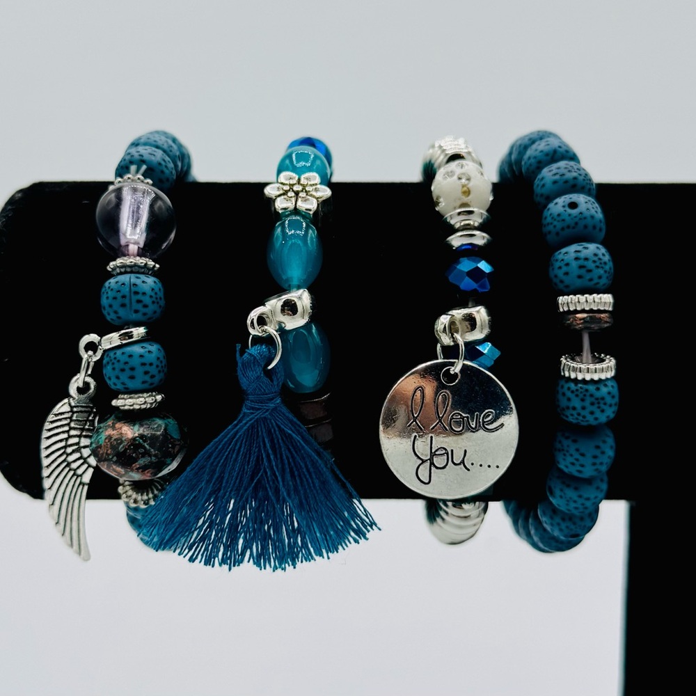 Blue Beaded Bracelet Set with Charms